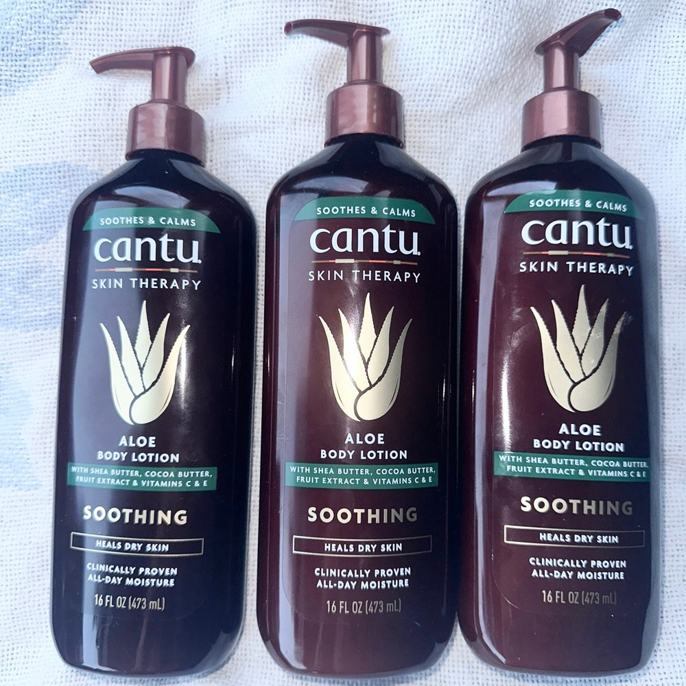 New Unopened Cantu Skin Therapy Soothes & Calm Aloe Body Lotion 16oz Pump Set/3